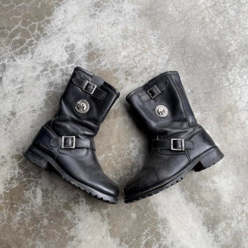 Vintage Harley Davidson black leather harness engineer zip cowboy western boots